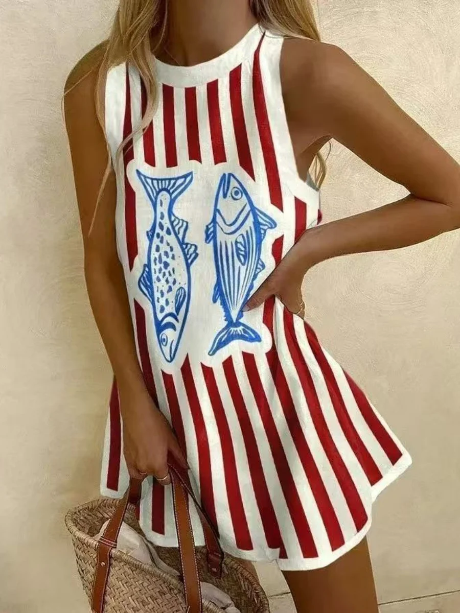 Round Neck Sleeveless Animal Print Mini&Short Dresses - Image 2