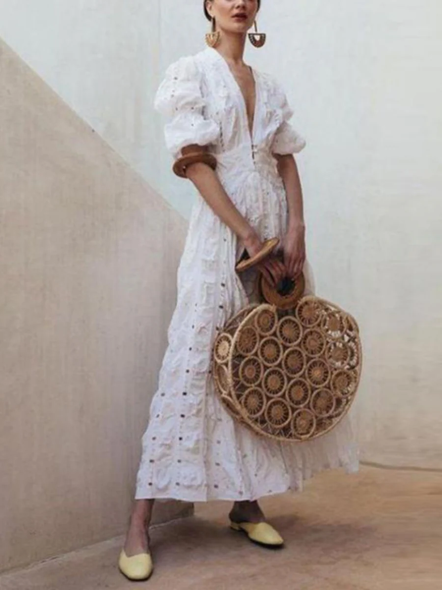 Deep V-neck Puff Sleeve Lace Cutout Long Dress - Image 2