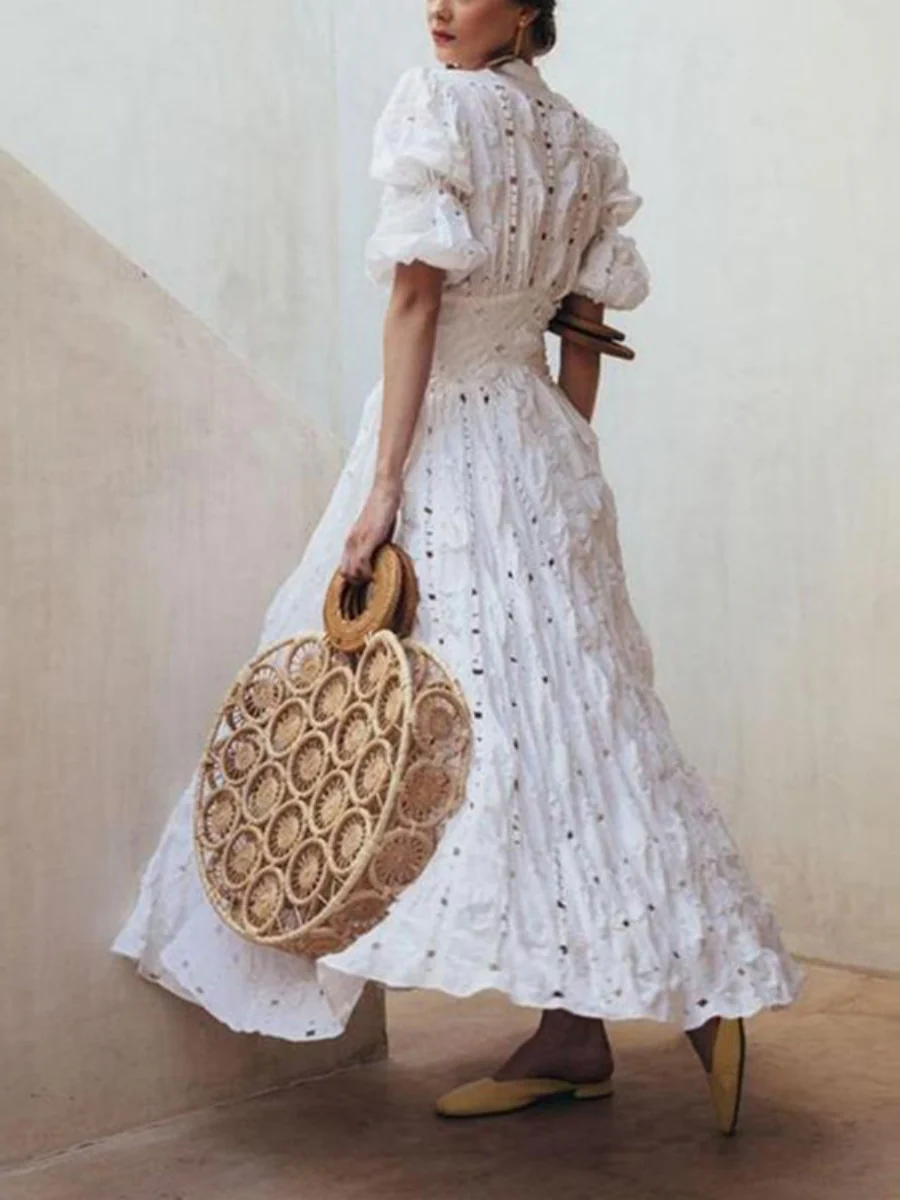 Deep V-neck Puff Sleeve Lace Cutout Long Dress - Image 3
