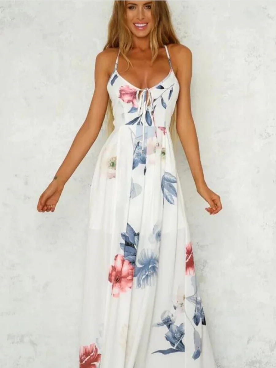 High-slit V-neck Floral Print Suspender Maxi Dress - Image 5