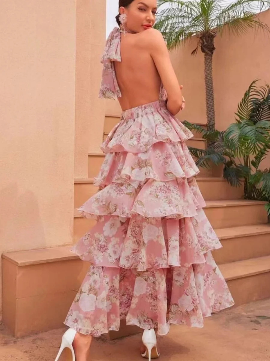 V-neck Spaghetti Strap Multi-layered Floral Print Long Dress - Image 3