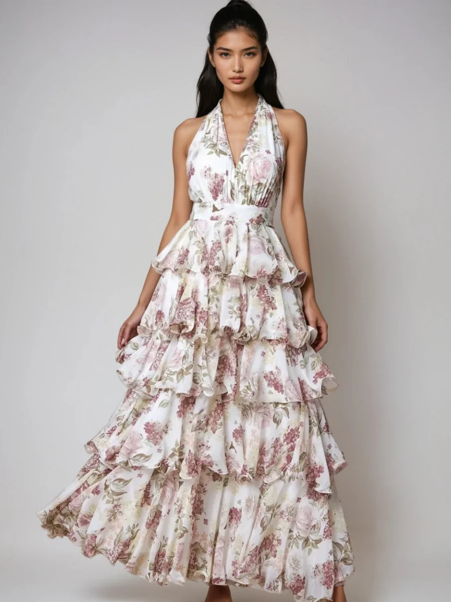 V-neck Spaghetti Strap Multi-layered Floral Print Long Dress - Image 4