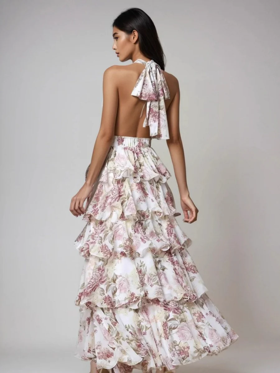 V-neck Spaghetti Strap Multi-layered Floral Print Long Dress - Image 5