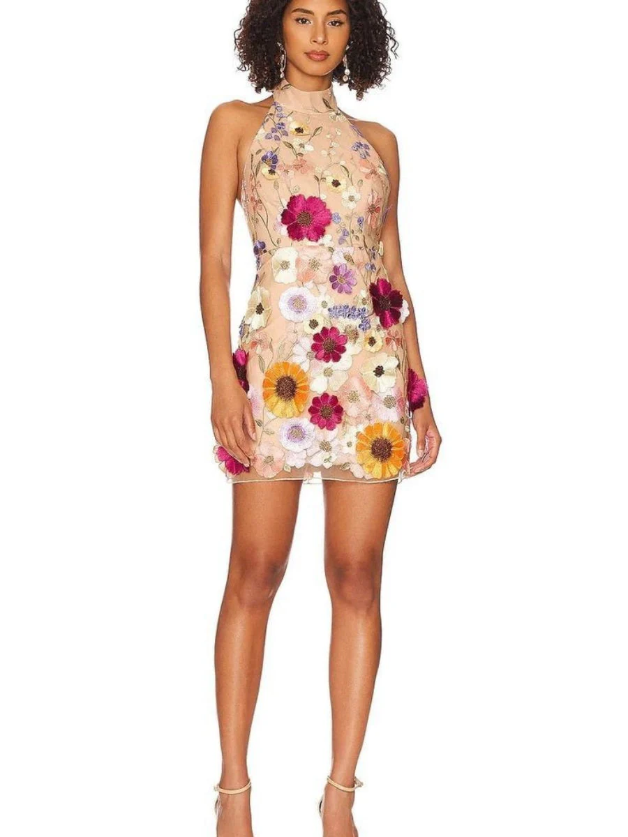 Embroidered 3D Floral Halter Neck Slimming Mini&Short Dresses - Image 2