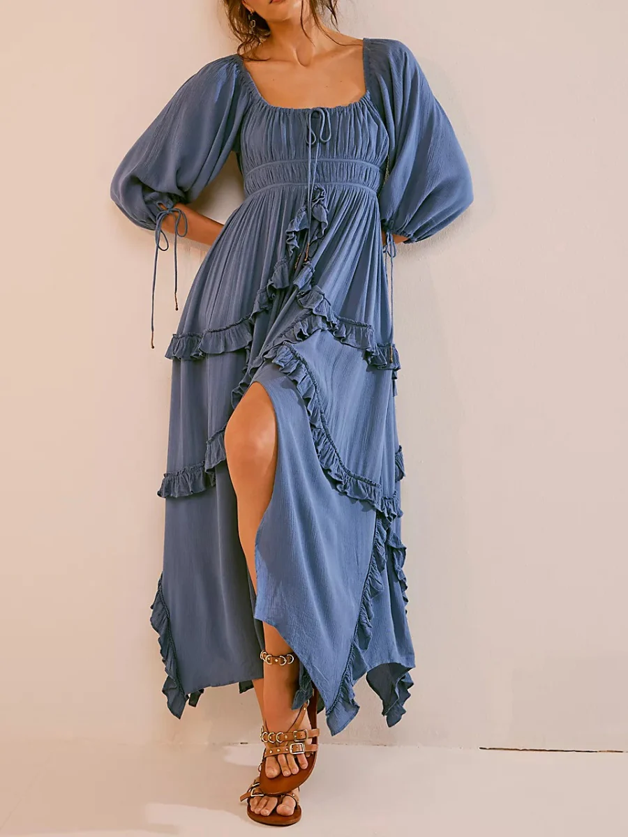 Deep V-neck Lace Openwork Beach Maxi Dresses - Image 3