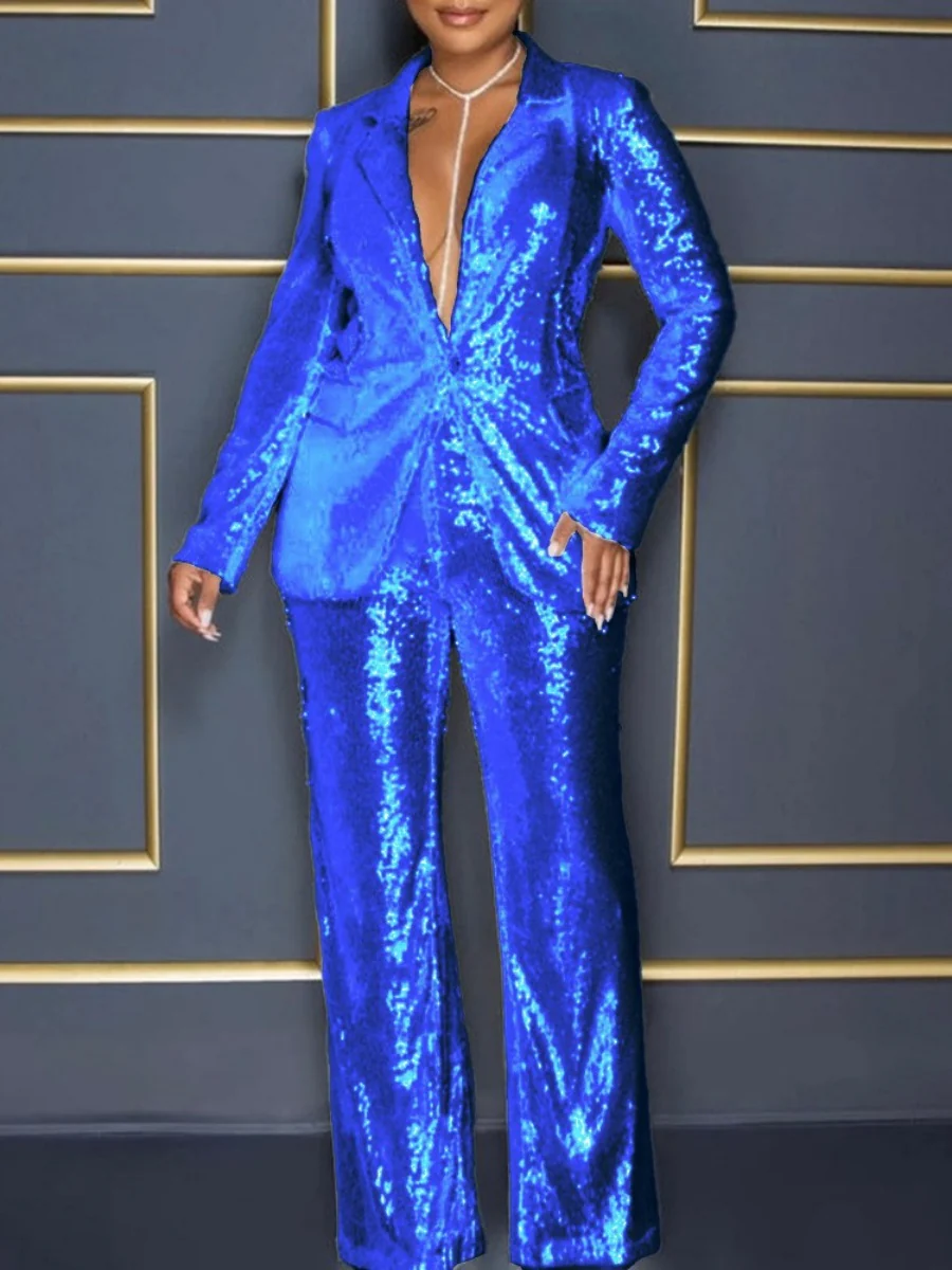 Long Sleeve V-neck Sequined Jumpsuit Two-piece Set - Image 3
