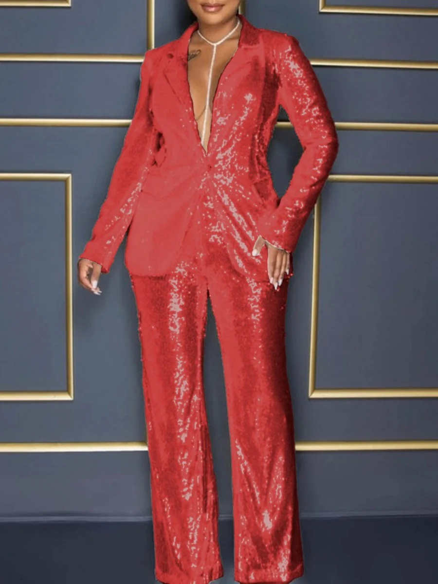Long Sleeve V-neck Sequined Jumpsuit Two-piece Set - Image 5