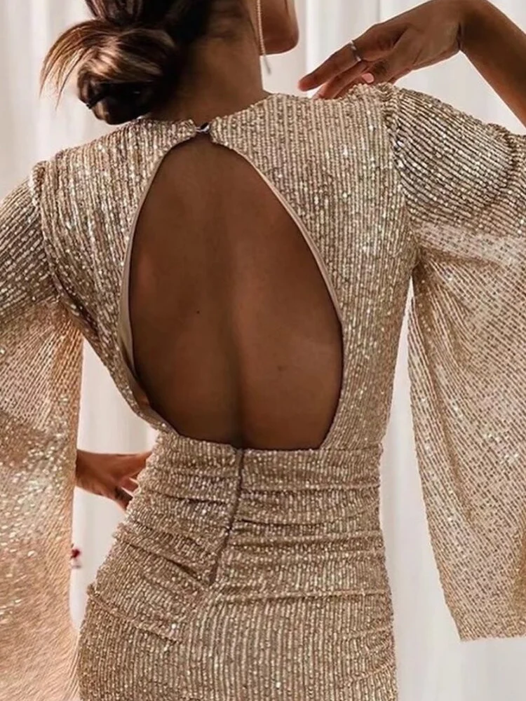 V-neck Bodycon Short Dress With Asymmetrical Hem And Sequins - Image 10