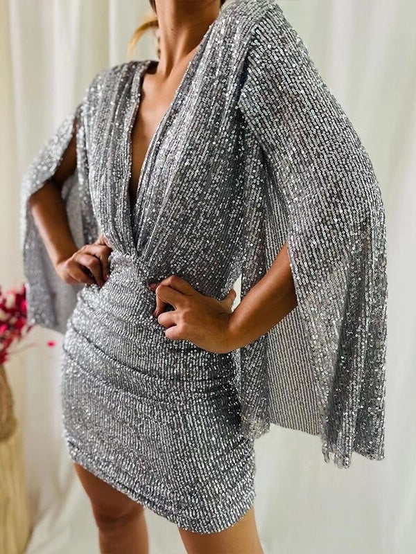 V-neck Bodycon Short Dress With Asymmetrical Hem And Sequins - Image 11