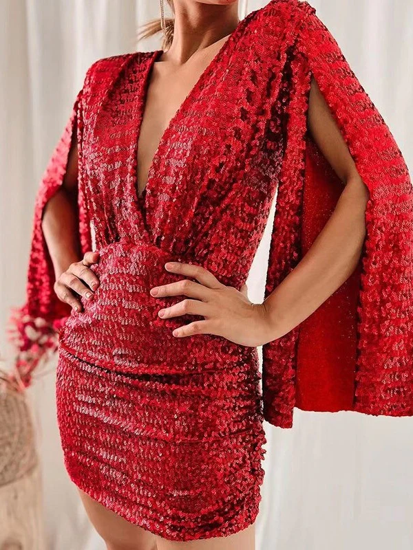 V-neck Bodycon Short Dress With Asymmetrical Hem And Sequins - Image 13