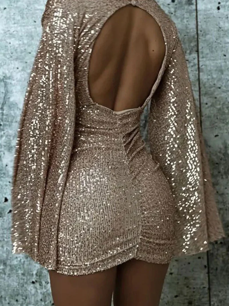 V-neck Bodycon Short Dress With Asymmetrical Hem And Sequins - Image 7