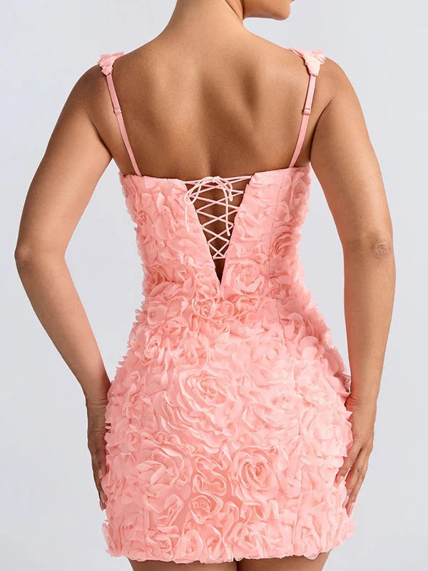 Square Collar 3D Flowers Slim Fit Sleeveless Tie Mini&Short Dresses - Image 14