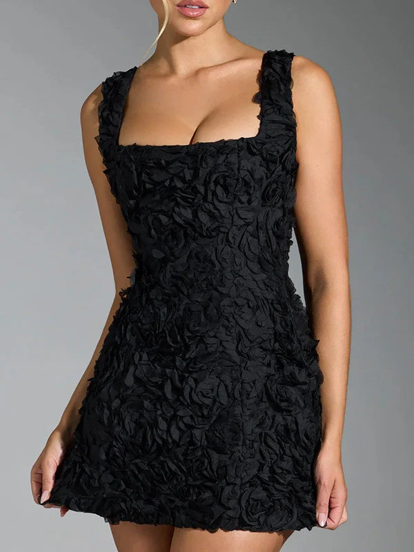 Square Collar 3D Flowers Slim Fit Sleeveless Tie Mini&Short Dresses - Image 6