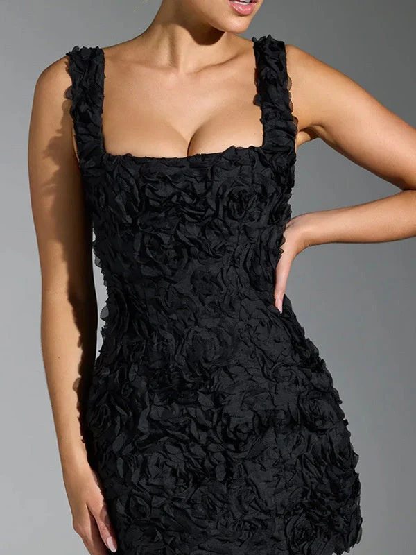 Square Collar 3D Flowers Slim Fit Sleeveless Tie Mini&Short Dresses - Image 9