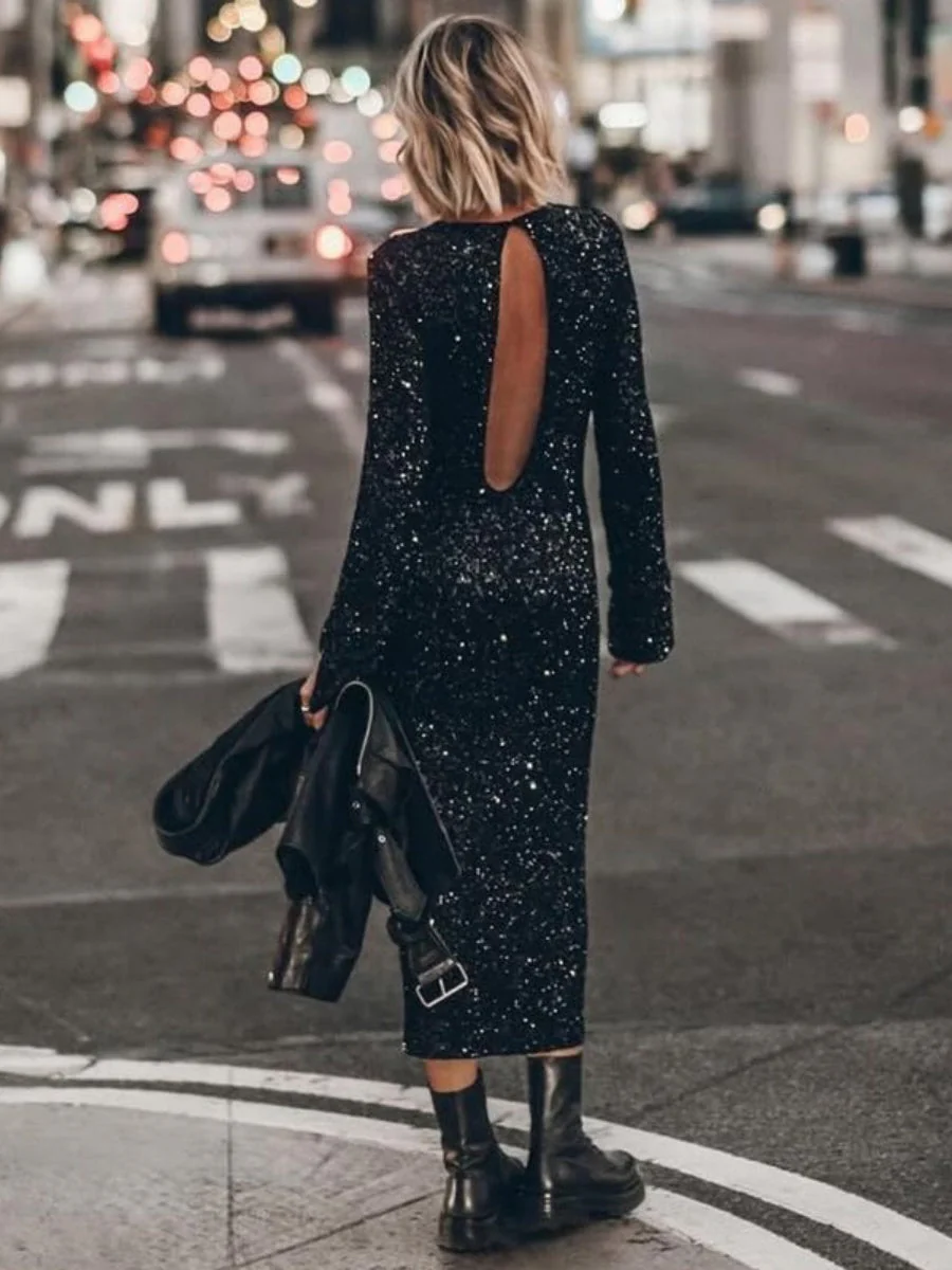 Sequins Long Sleeve Crew Neck Loose Maxi Dresses - Image 2