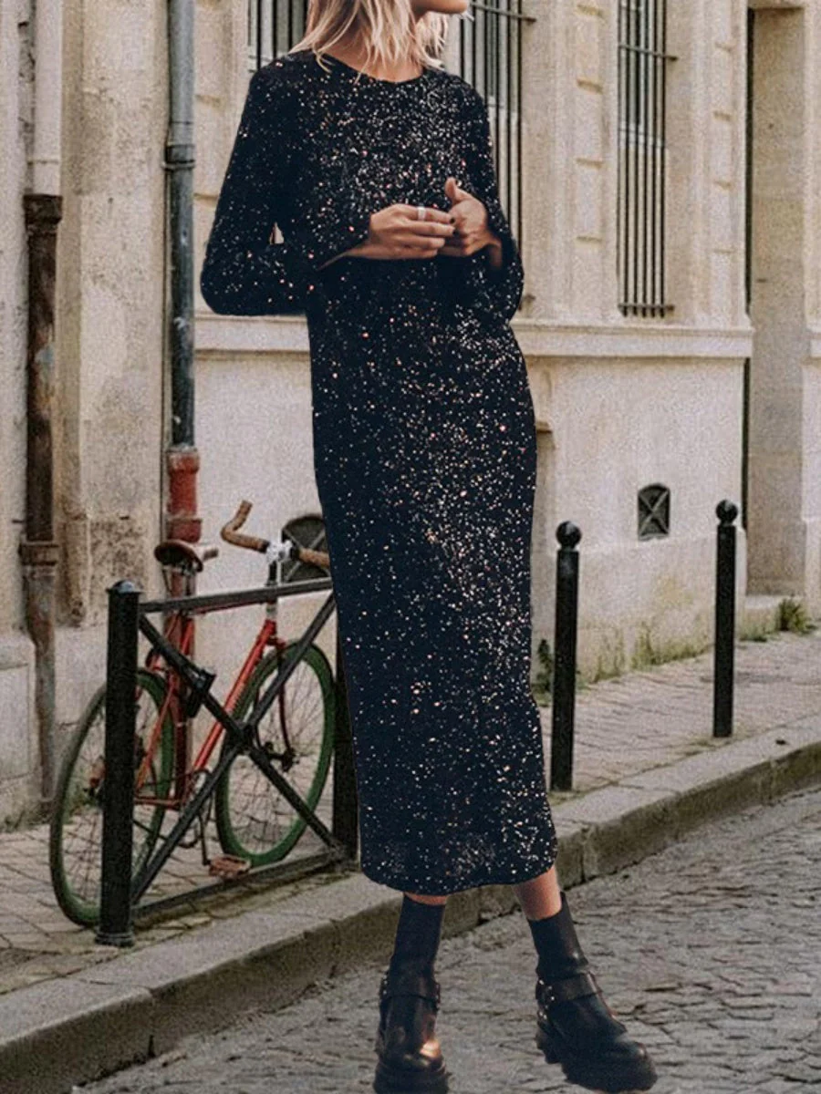 Sequins Long Sleeve Crew Neck Loose Maxi Dresses - Image 3