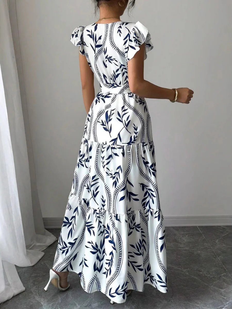 Ruffle Leaf Print V-neck Sexy Slim-fit Long Dress - Image 2