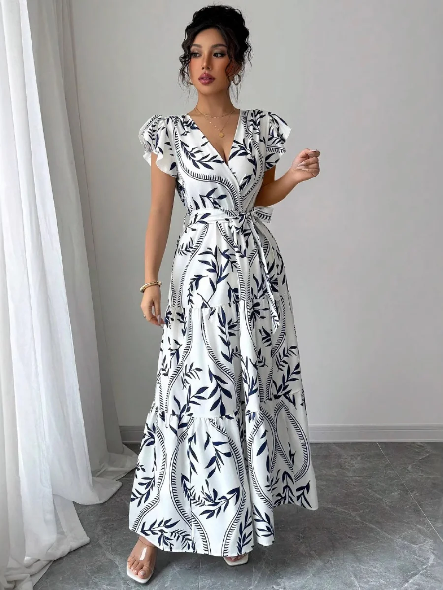 Ruffle Leaf Print V-neck Sexy Slim-fit Long Dress - Image 3