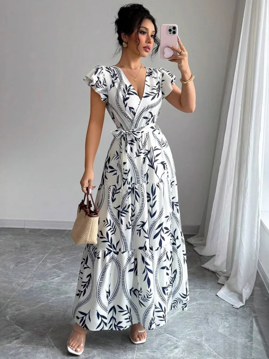 Ruffle Leaf Print V-neck Sexy Slim-fit Long Dress - Image 4
