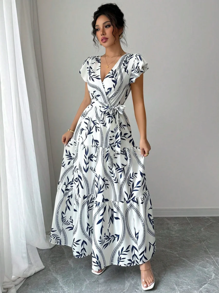 Ruffle Leaf Print V-neck Sexy Slim-fit Long Dress - Image 5