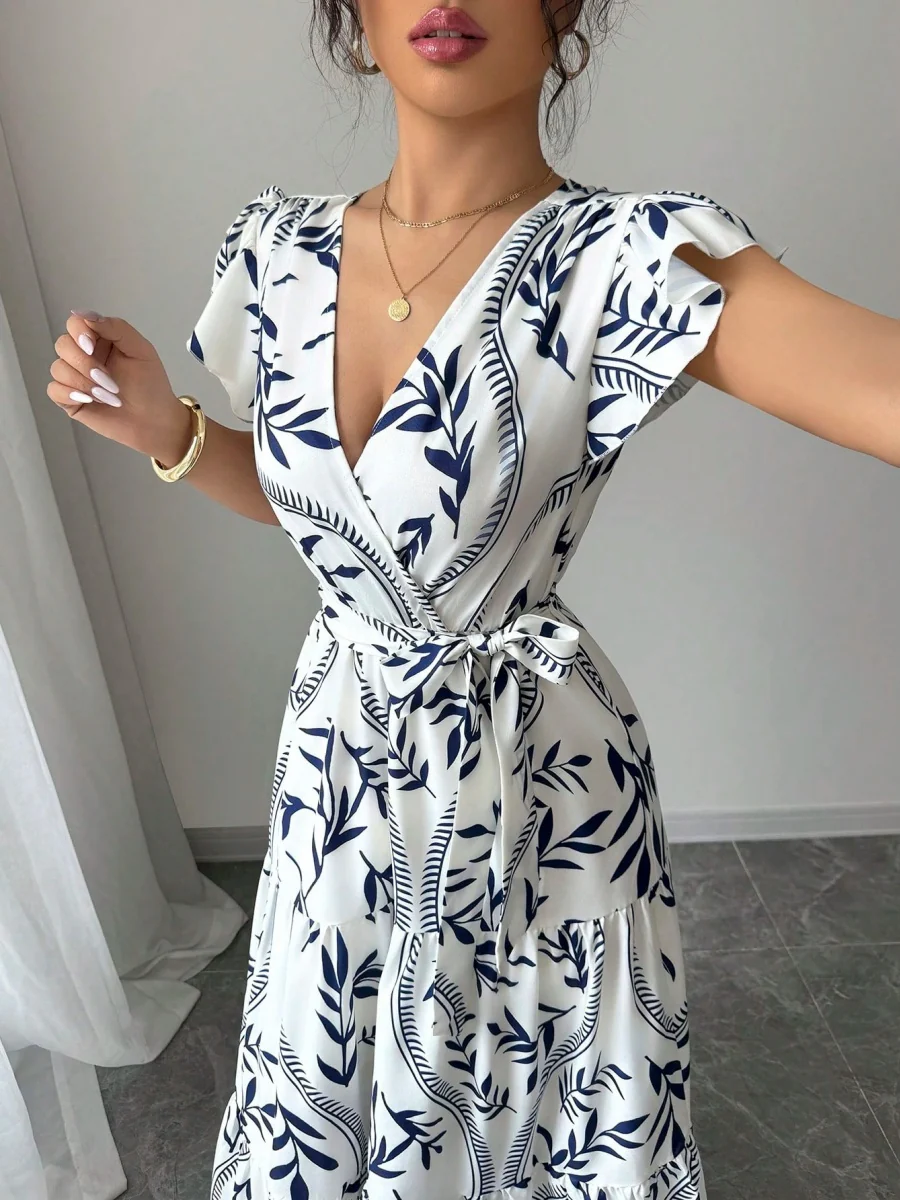 Ruffle Leaf Print V-neck Sexy Slim-fit Long Dress - Image 6