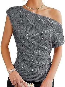 Off-shoulder Sequin Solid Color T-shirts - Image 13