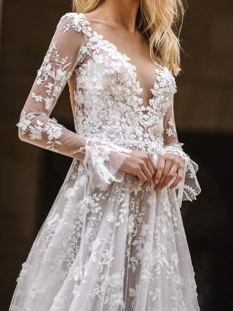 Sexy Long Sleeve V-neck Thin Bridal Wedding Maxi Dresses - Image 5