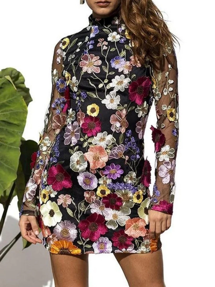 3D Floral Mesh Lace Embroidery Bodycon Slimming Sexy Dress