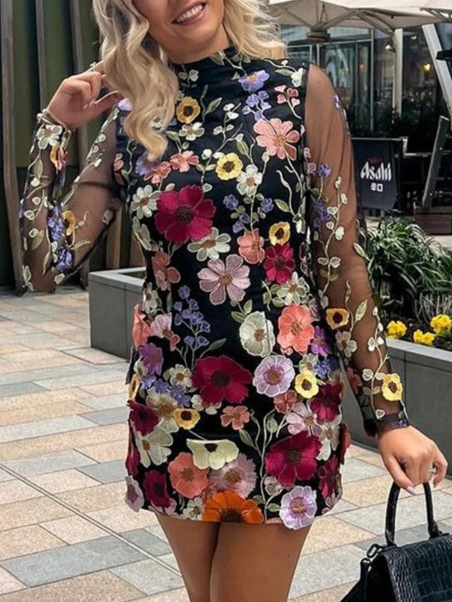 3D Floral Mesh Lace Embroidery Bodycon Slimming Sexy Dress - Image 2
