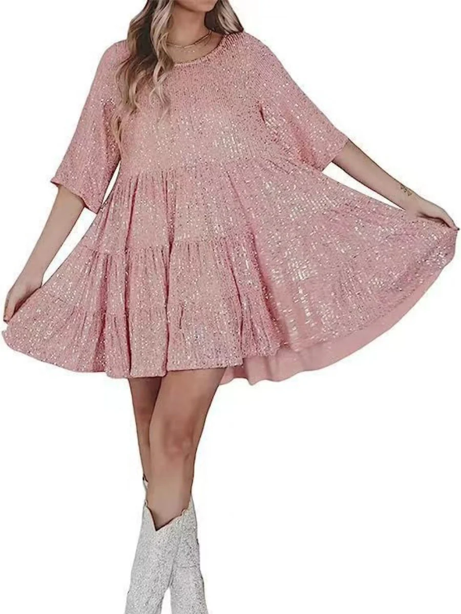 Sequins Crew Neck Loose Waist Short Sleeve Dress - Image 10