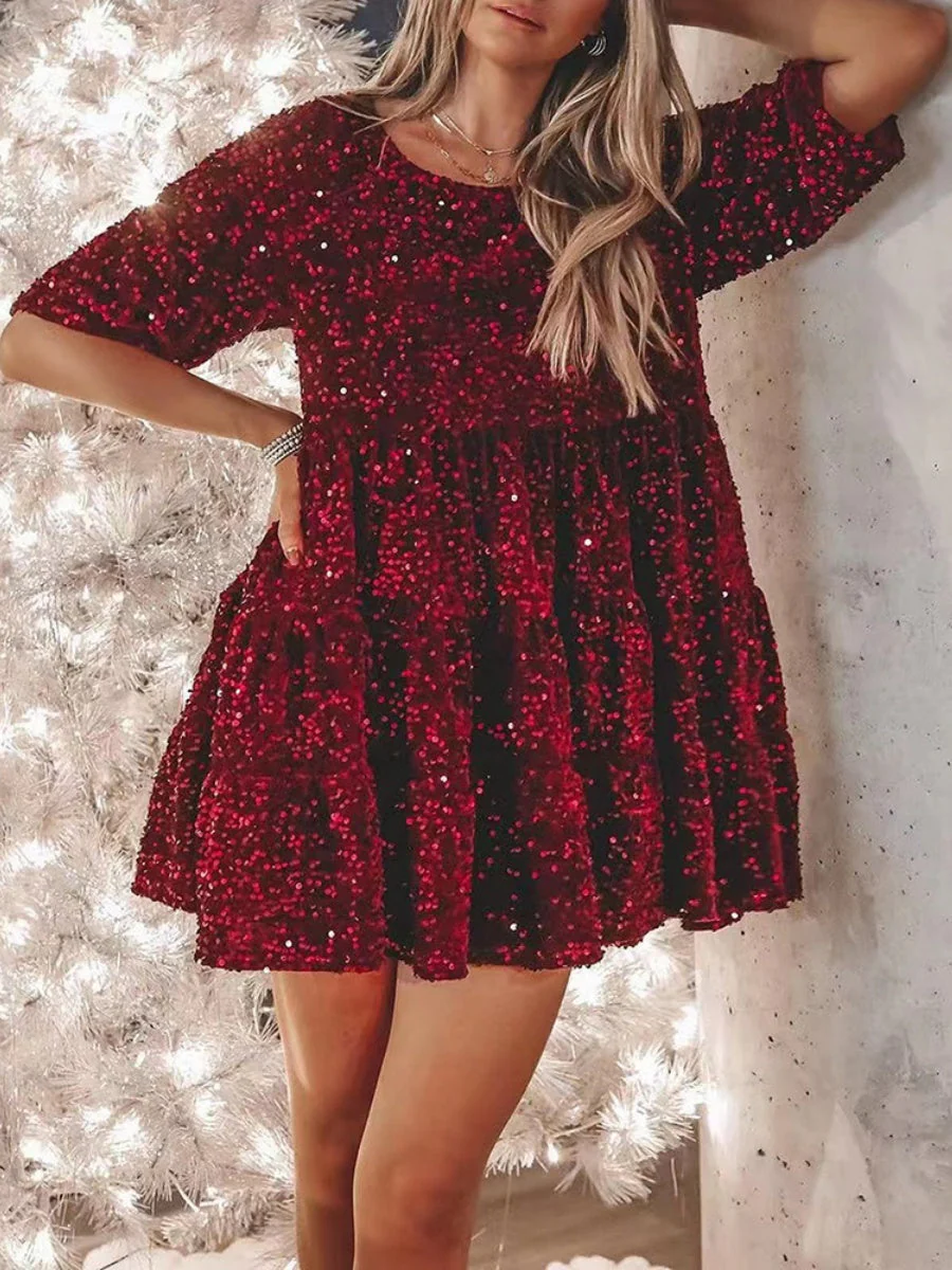 Sequins Crew Neck Loose Waist Short Sleeve Dress - Image 11