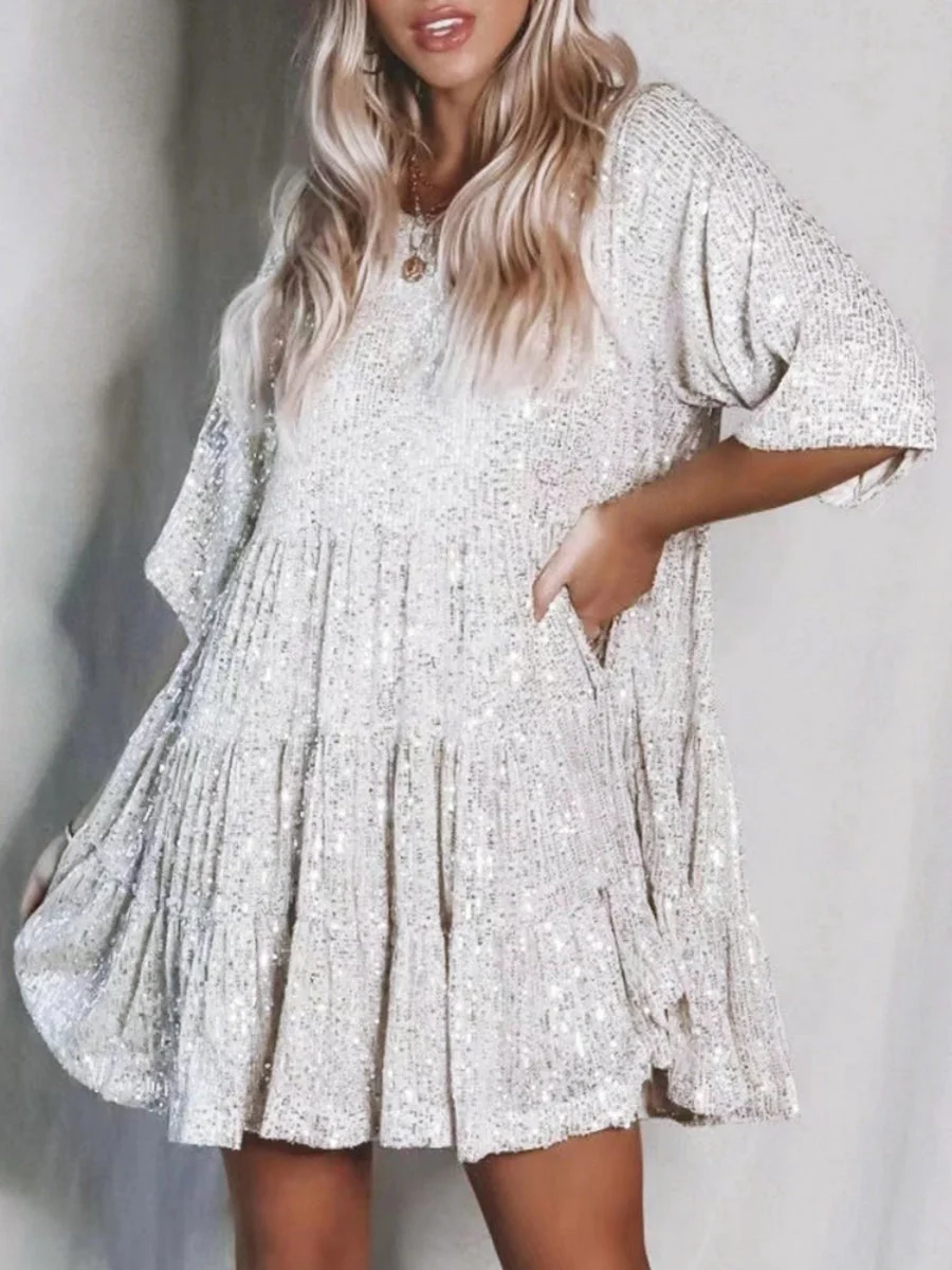 Sequins Crew Neck Loose Waist Short Sleeve Dress - Image 12