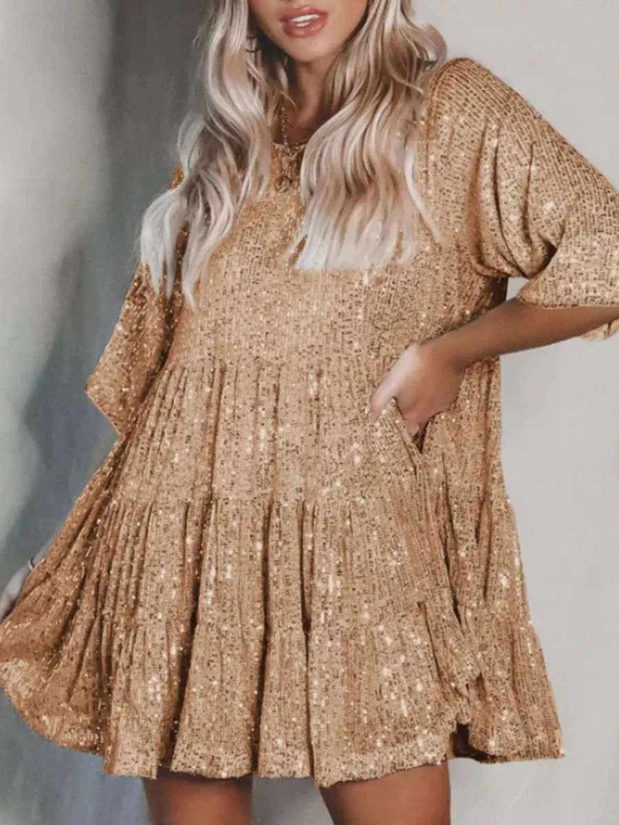 Sequins Crew Neck Loose Waist Short Sleeve Dress - Image 14