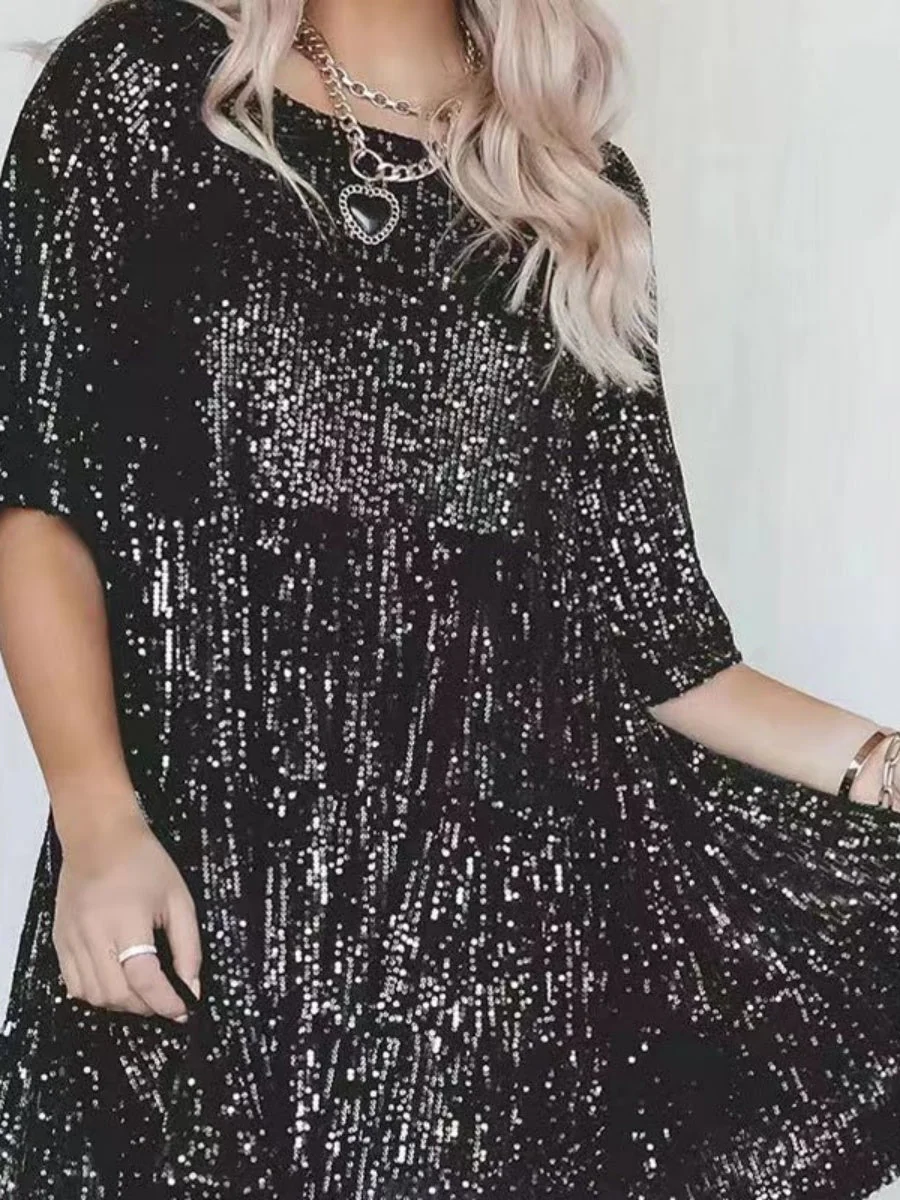 Sequins Crew Neck Loose Waist Short Sleeve Dress - Image 3