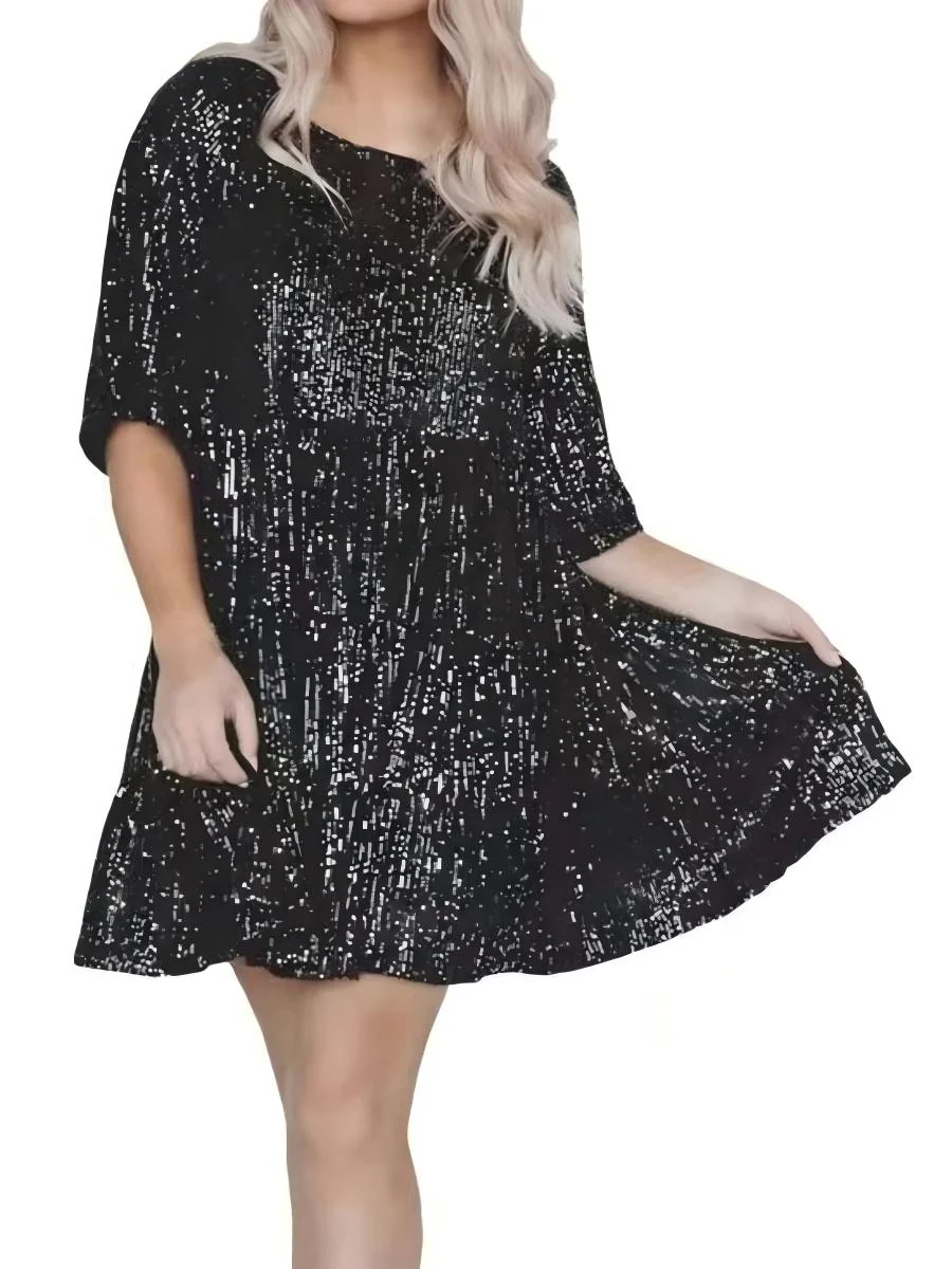 Sequins Crew Neck Loose Waist Short Sleeve Dress - Image 4