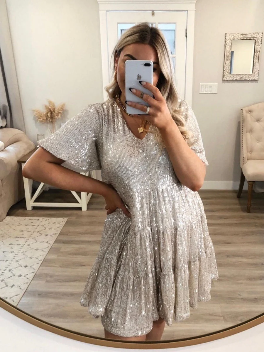 Sequins Crew Neck Loose Waist Short Sleeve Dress - Image 8