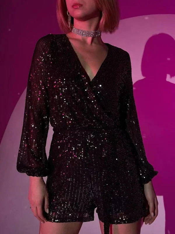 Sequins Long Sleeve V-neck Mini&Short Dresses - Image 10