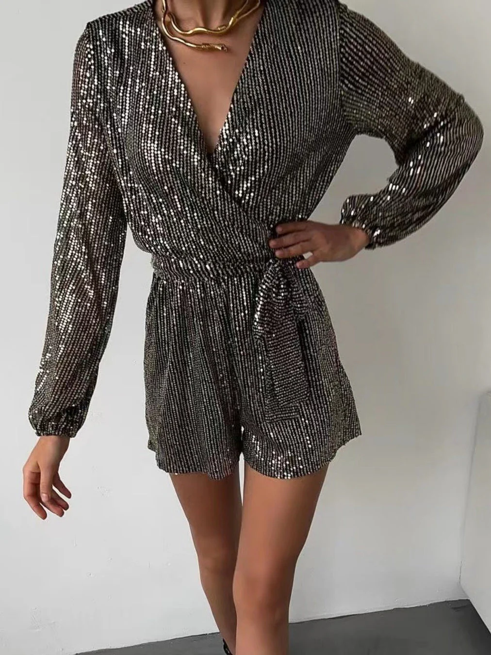 Sequins Long Sleeve V-neck Mini&Short Dresses - Image 4
