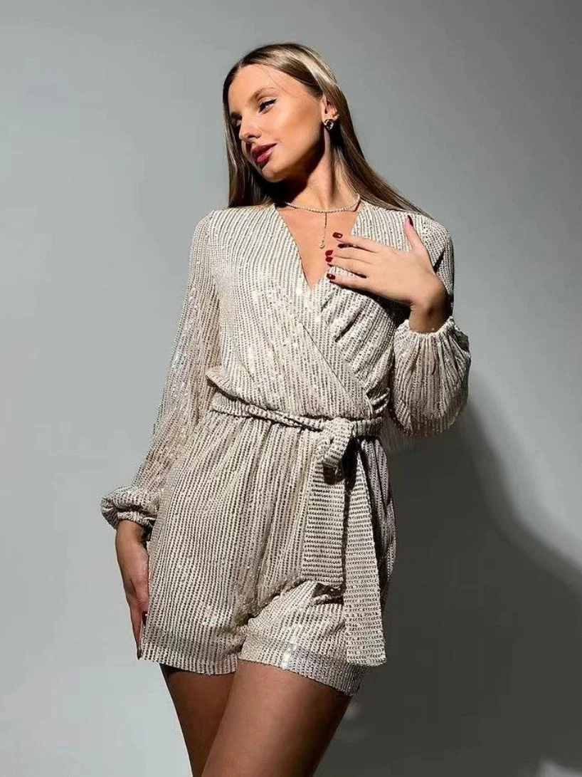 Sequins Long Sleeve V-neck Mini&Short Dresses - Image 8