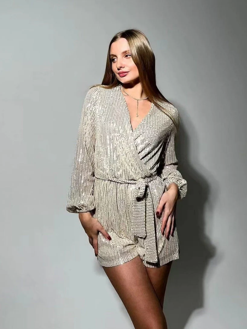 Sequins Long Sleeve V-neck Mini&Short Dresses - Image 9