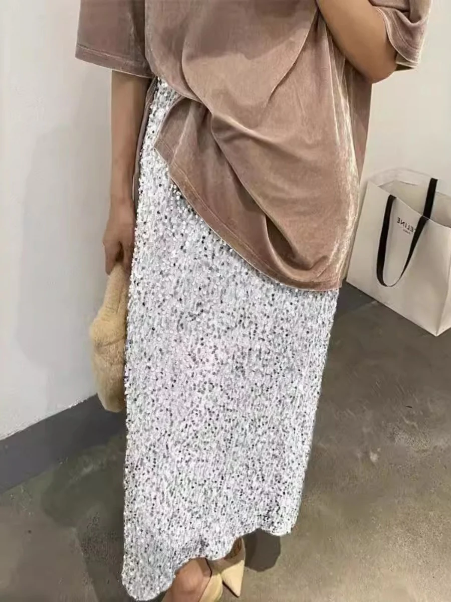 High-waisted, Slimming Sequined Midi Skirt With Elastic Waist, Back Slit, Straight Cut, Long Skirt - Image 5