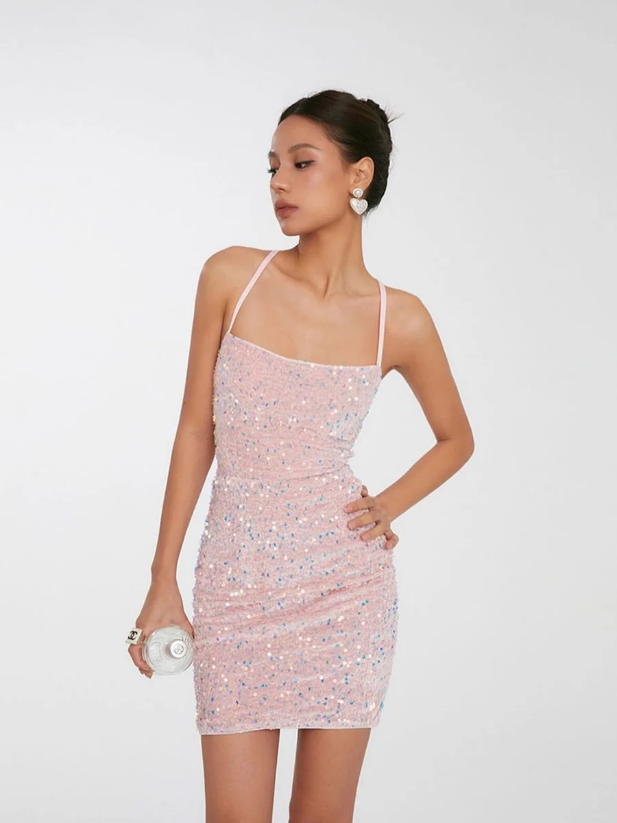 Sequined Slip Dress, Tight Backless Mini Skirt, Bodycon Skirt - Image 4
