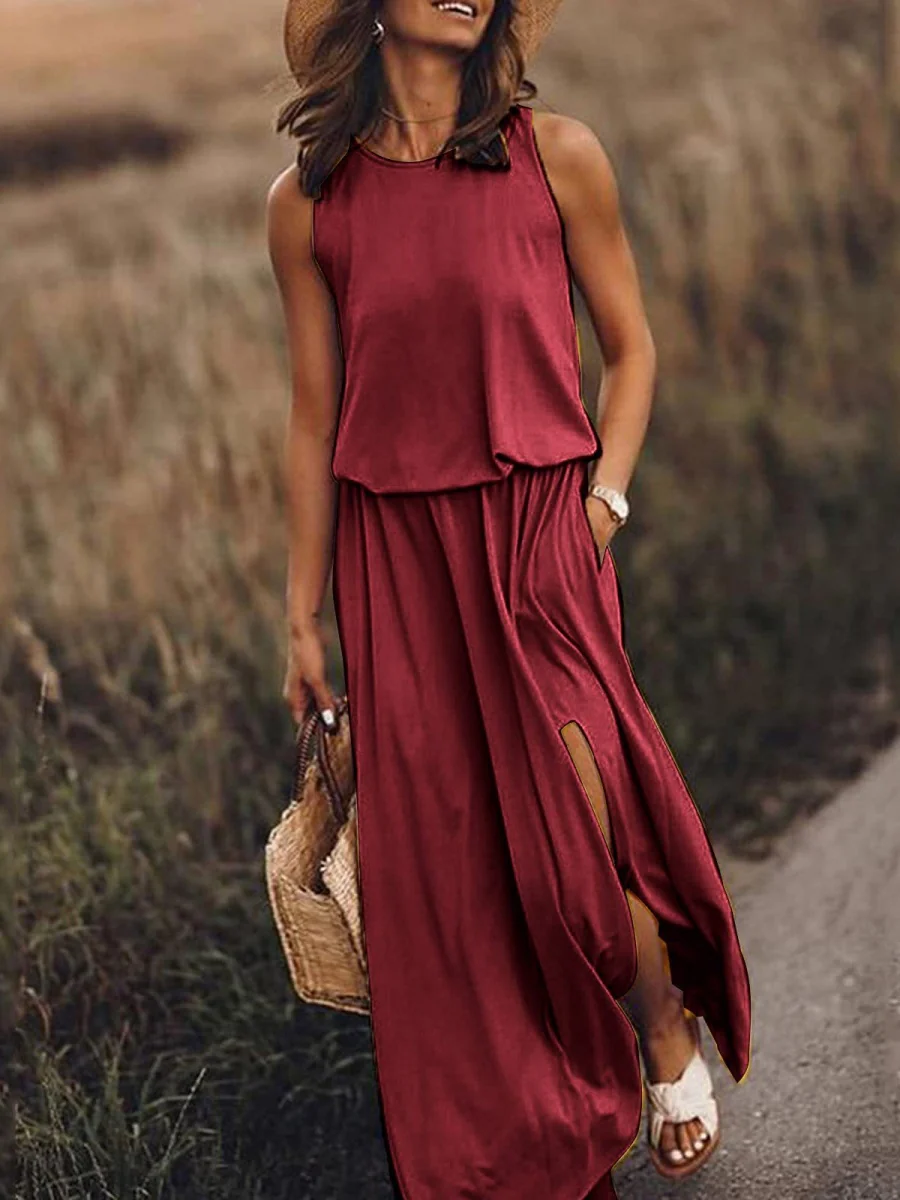Round Neck Sleeveless Slit Long Dress - Image 10