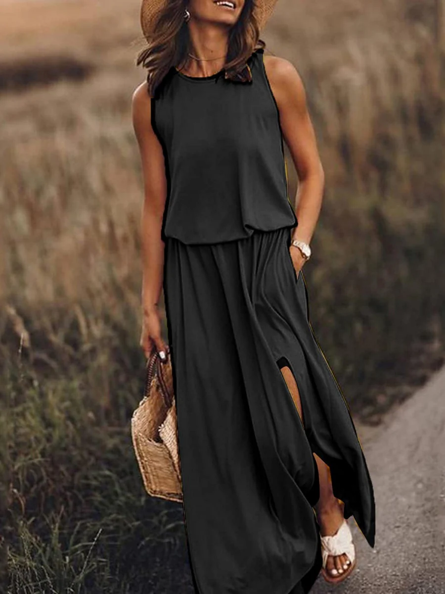 Round Neck Sleeveless Slit Long Dress - Image 2