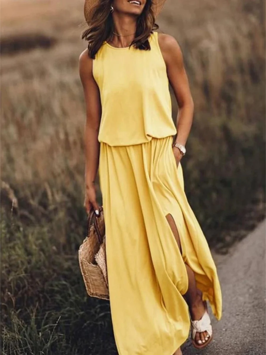 Round Neck Sleeveless Slit Long Dress - Image 3