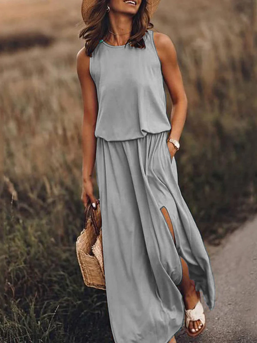 Round Neck Sleeveless Slit Long Dress - Image 4
