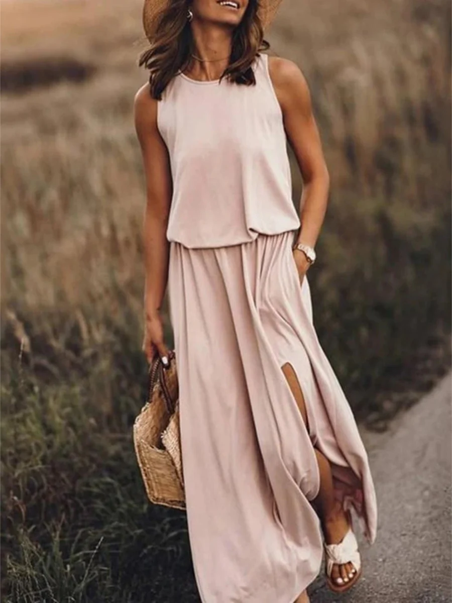Round Neck Sleeveless Slit Long Dress - Image 5