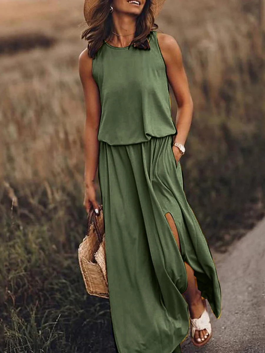 Round Neck Sleeveless Slit Long Dress - Image 6