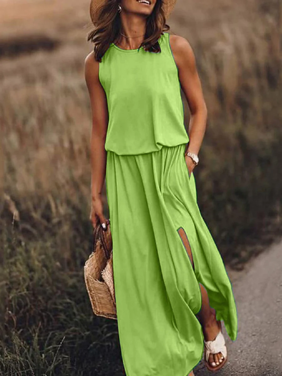 Round Neck Sleeveless Slit Long Dress - Image 7