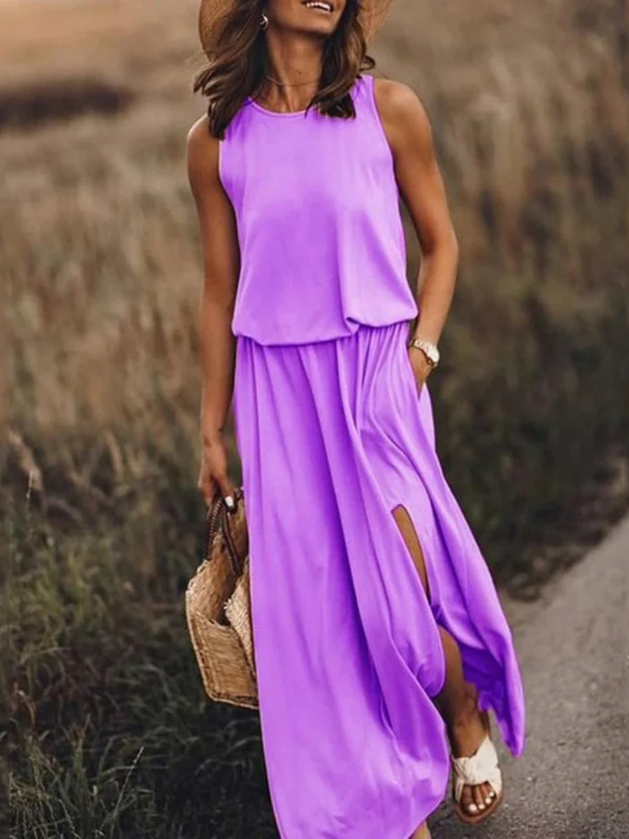 Round Neck Sleeveless Slit Long Dress - Image 8